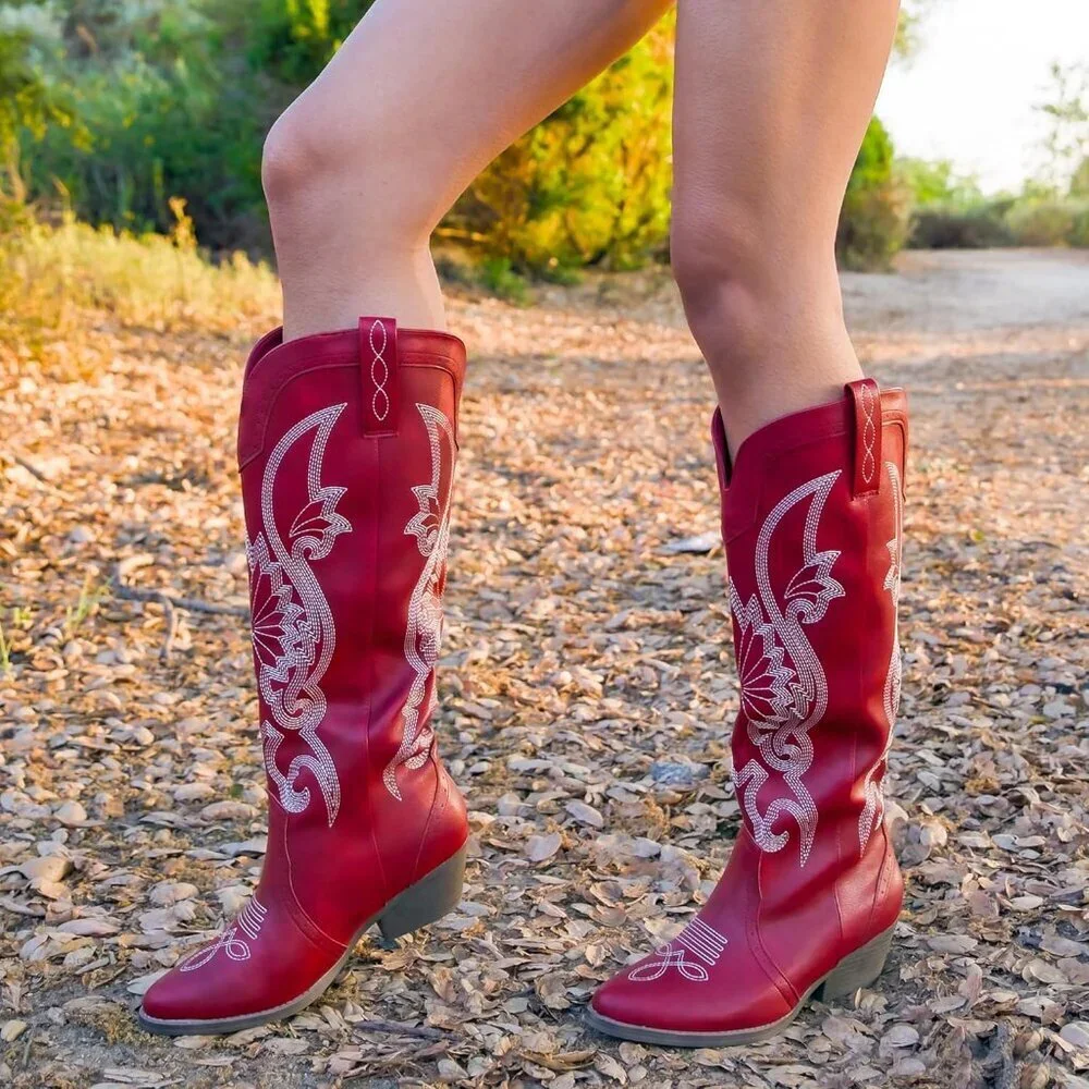 Women's Red Faux Leather Pointed Toe and Block Heel Classic Embroidered Boot